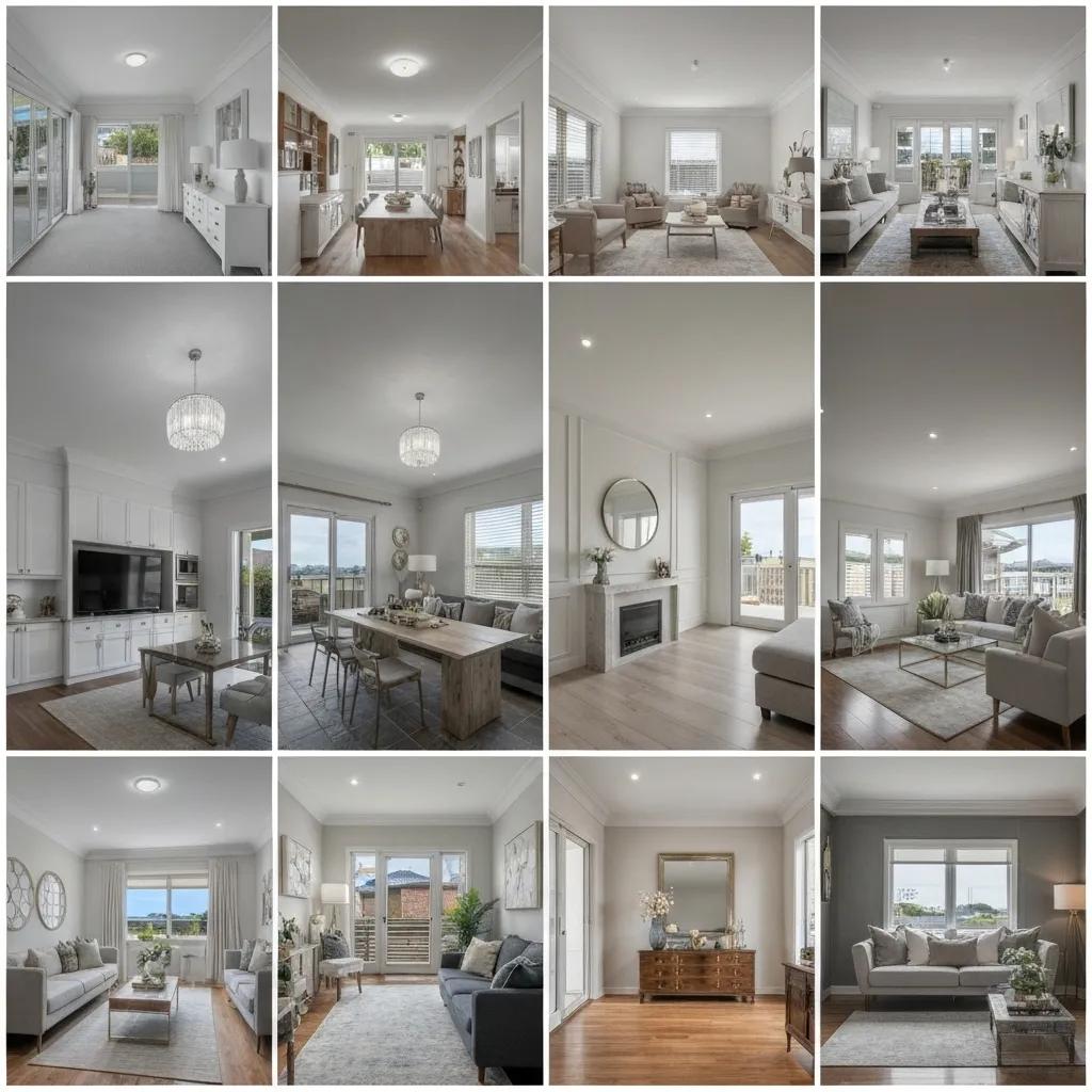 Before-and-after collage of Gold Coast property styling projects demonstrating successful transformations