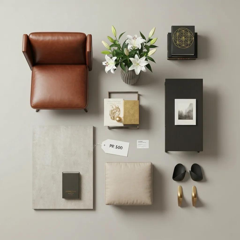 Flat lay of property styling items with price tags, showcasing components of a professional styling service